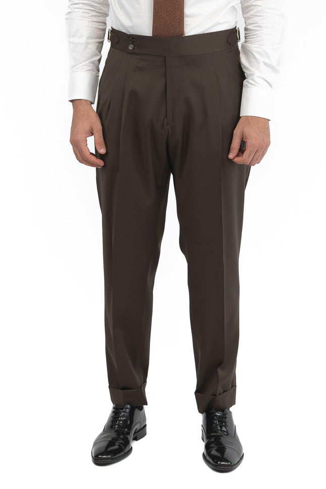 Abito uomo Monopetto marrone fresco lana super 110's Tessuti in esclusiva Sartoria Carillo completamente sfoderato con Rever a lancia e tasche a filetto