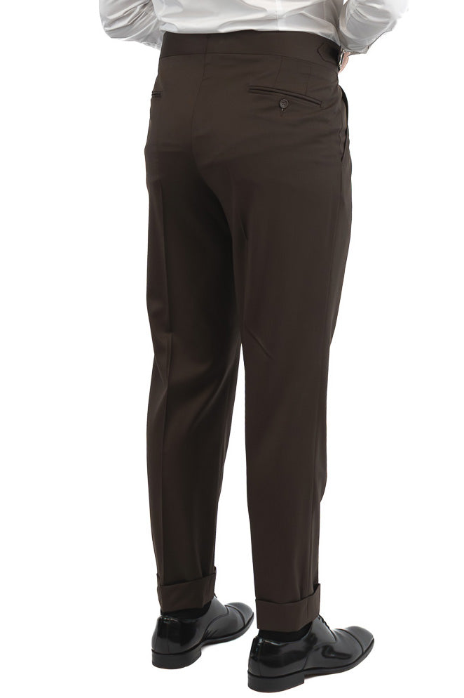 Abito uomo Monopetto marrone fresco lana super 110's Tessuti in esclusiva Sartoria Carillo completamente sfoderato con Rever a lancia e tasche a filetto