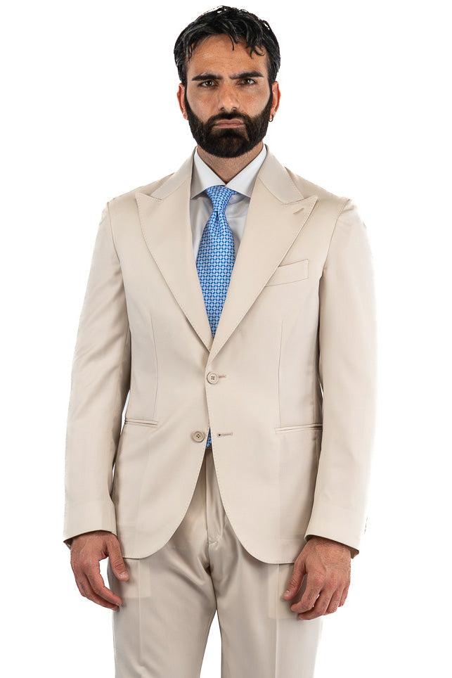 Abito uomo Monopetto beige fresco lana super 110's Tessuti in esclusiva Sartoria Carillo completamente sfoderato con Rever a lancia e tasche a filetto