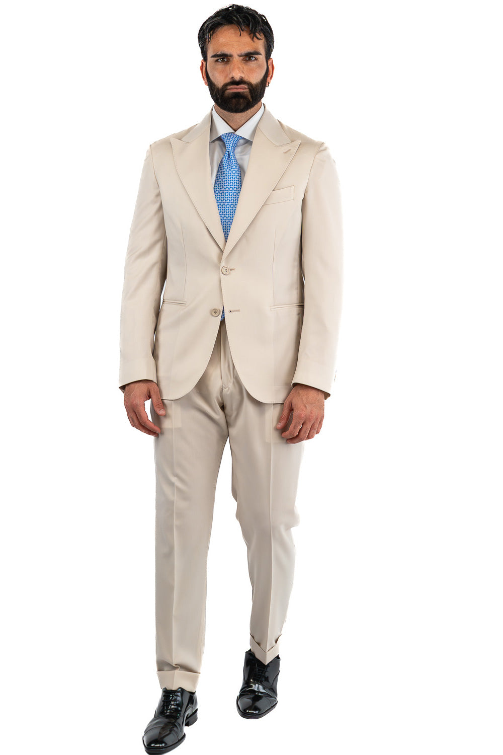 Abito uomo Monopetto beige fresco lana super 110's Tessuti in esclusiva Sartoria Carillo completamente sfoderato con Rever a lancia e tasche a filetto