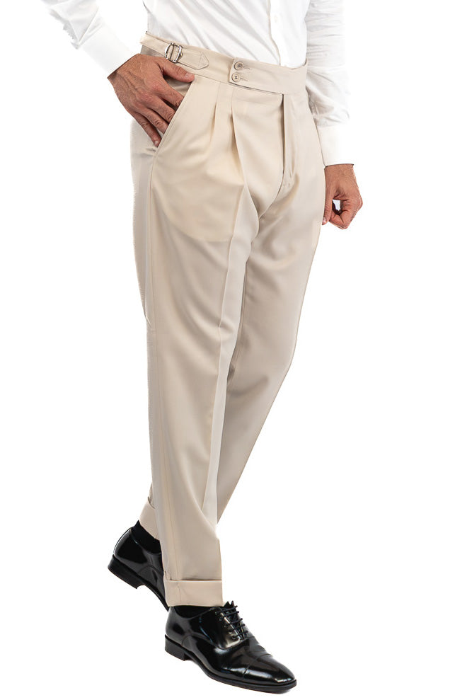 Abito uomo Monopetto beige fresco lana super 110's Tessuti in esclusiva Sartoria Carillo completamente sfoderato con Rever a lancia e tasche a filetto