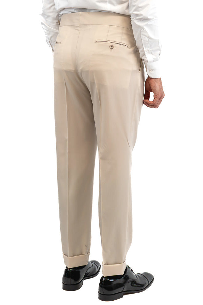 Abito uomo Monopetto beige fresco lana super 110's Tessuti in esclusiva Sartoria Carillo completamente sfoderato con Rever a lancia e tasche a filetto