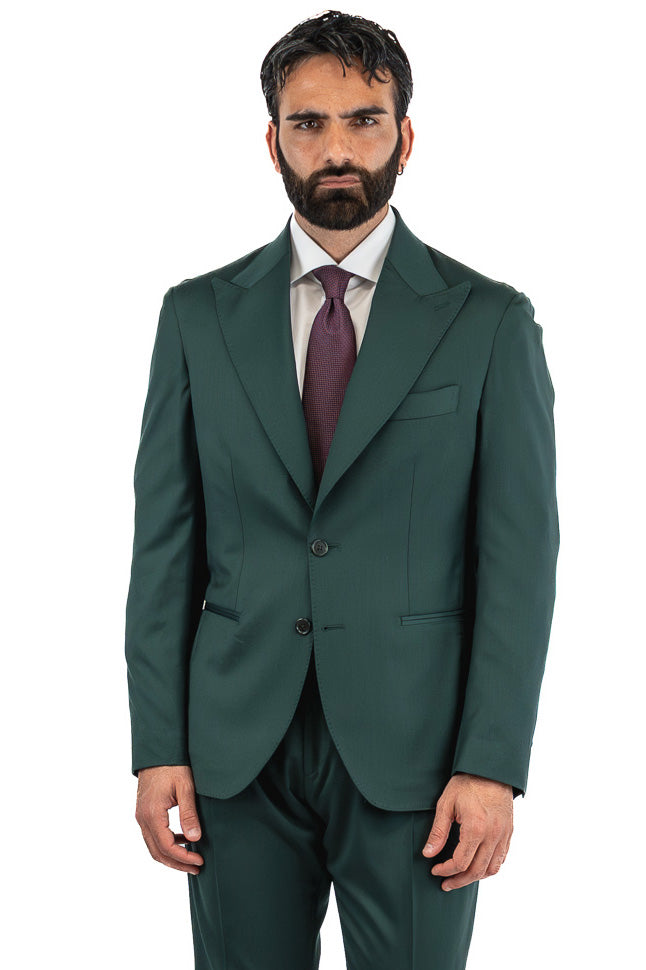 Abito uomo Monopetto Verde bottiglia fresco lana super 110's Tessuti in esclusiva Sartoria Carillo completamente sfoderato con Rever a lancia e tasche a filetto