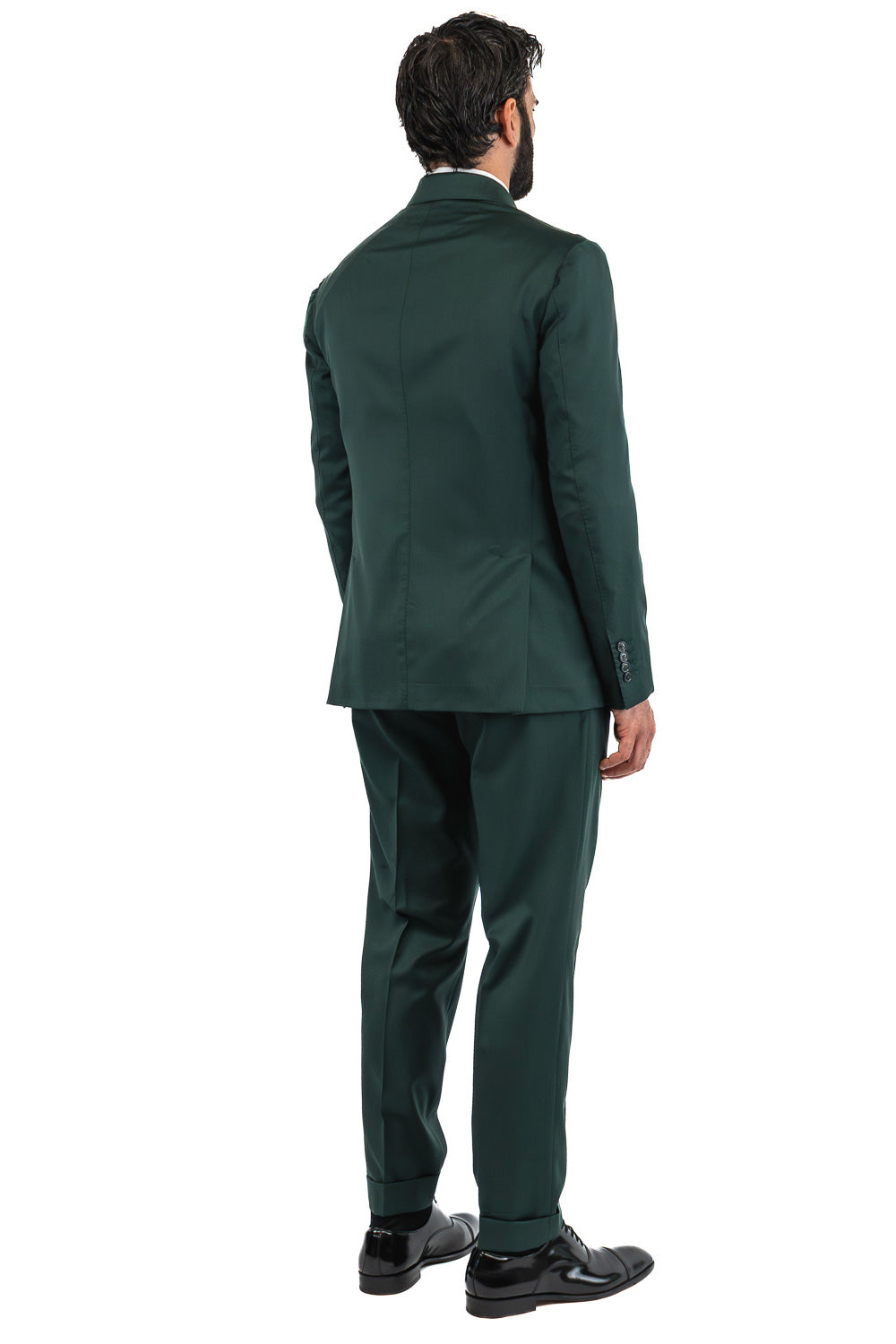 Abito uomo Monopetto Verde bottiglia fresco lana super 110's Tessuti in esclusiva Sartoria Carillo completamente sfoderato con Rever a lancia e tasche a filetto