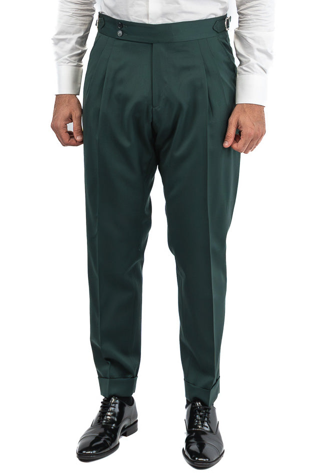 Abito uomo Monopetto Verde bottiglia fresco lana super 110's Tessuti in esclusiva Sartoria Carillo completamente sfoderato con Rever a lancia e tasche a filetto