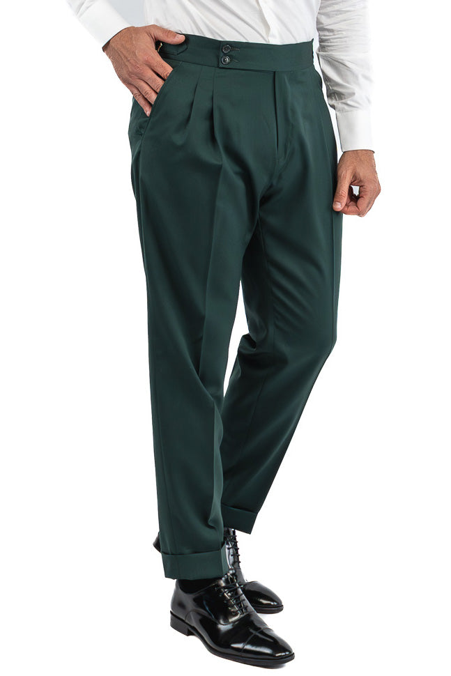 Abito uomo Monopetto Verde bottiglia fresco lana super 110's Tessuti in esclusiva Sartoria Carillo completamente sfoderato con Rever a lancia e tasche a filetto