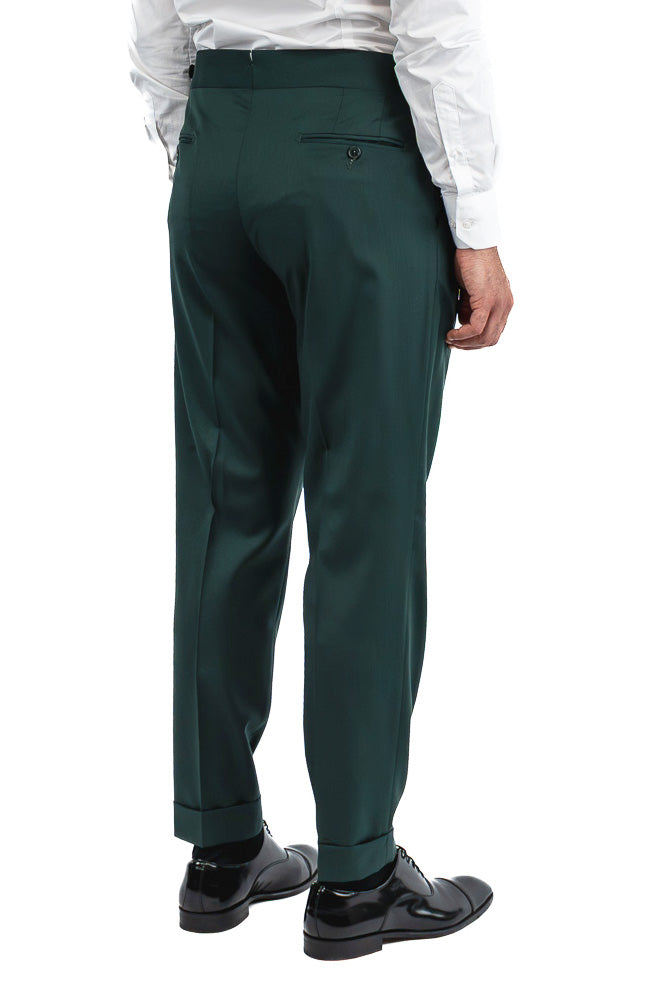 Abito uomo Monopetto Verde bottiglia fresco lana super 110's Tessuti in esclusiva Sartoria Carillo completamente sfoderato con Rever a lancia e tasche a filetto