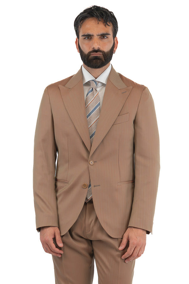 Abito uomo Monopetto solaro classico fango riflesso arancio fresco lana super 110's Tessuti in esclusiva Sartoria Carillo completamente sfoderato con Rever a lancia e tasche a filetto