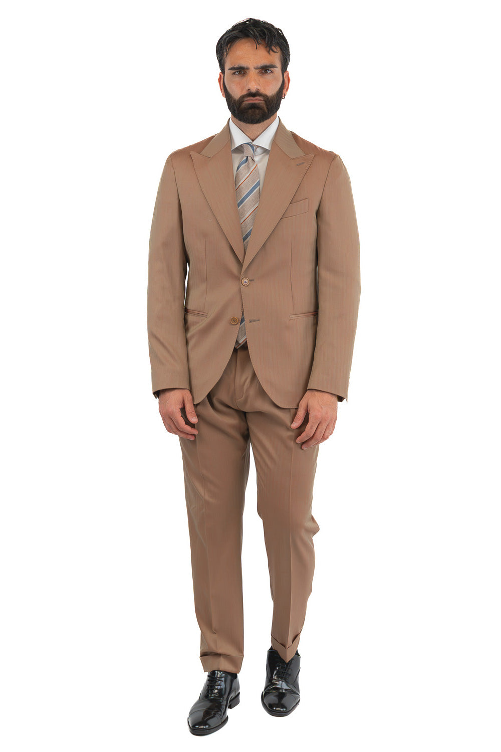 Abito uomo Monopetto solaro classico fango riflesso arancio fresco lana super 110's Tessuti in esclusiva Sartoria Carillo completamente sfoderato con Rever a lancia e tasche a filetto