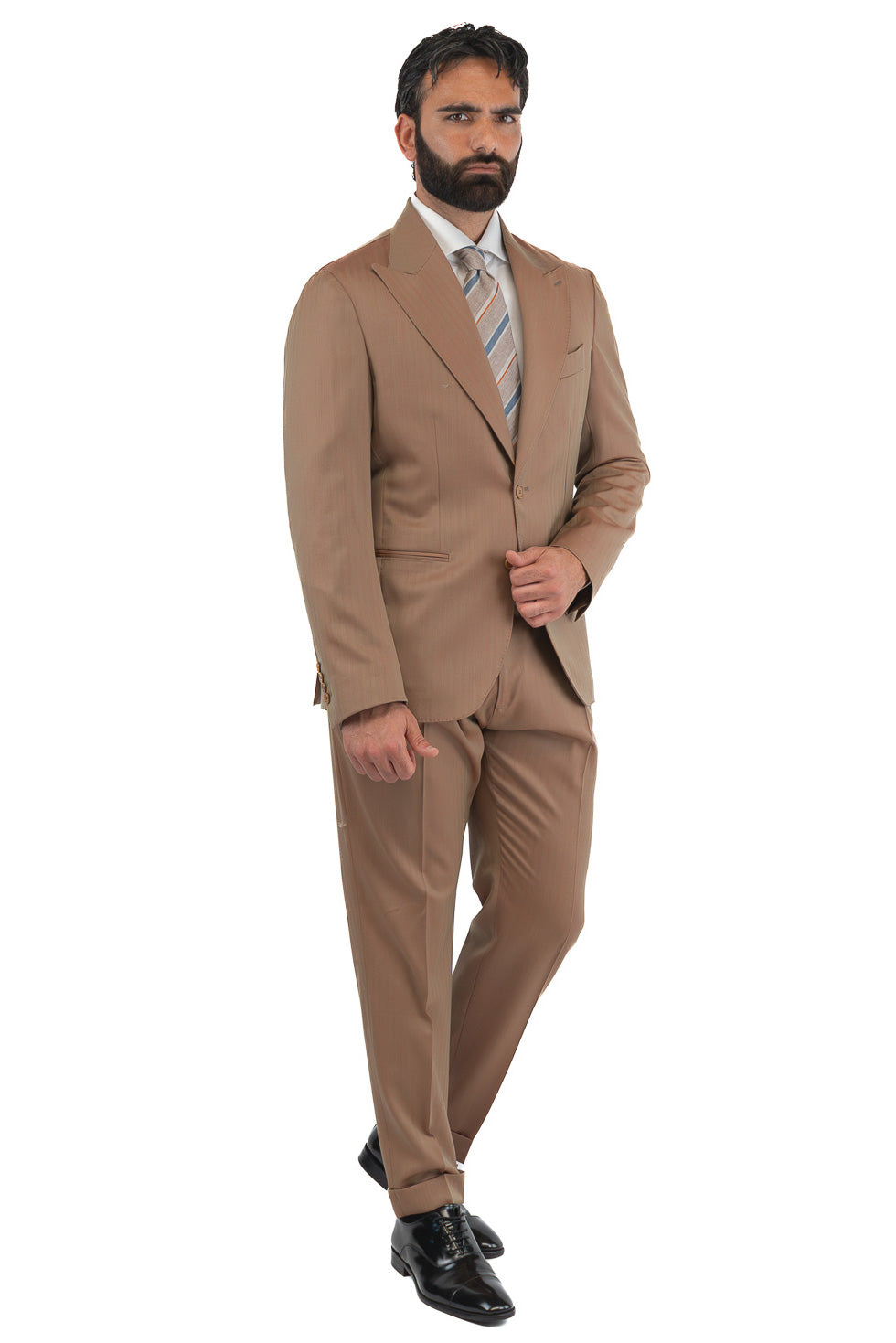 Abito uomo Monopetto solaro classico fango riflesso arancio fresco lana super 110's Tessuti in esclusiva Sartoria Carillo completamente sfoderato con Rever a lancia e tasche a filetto