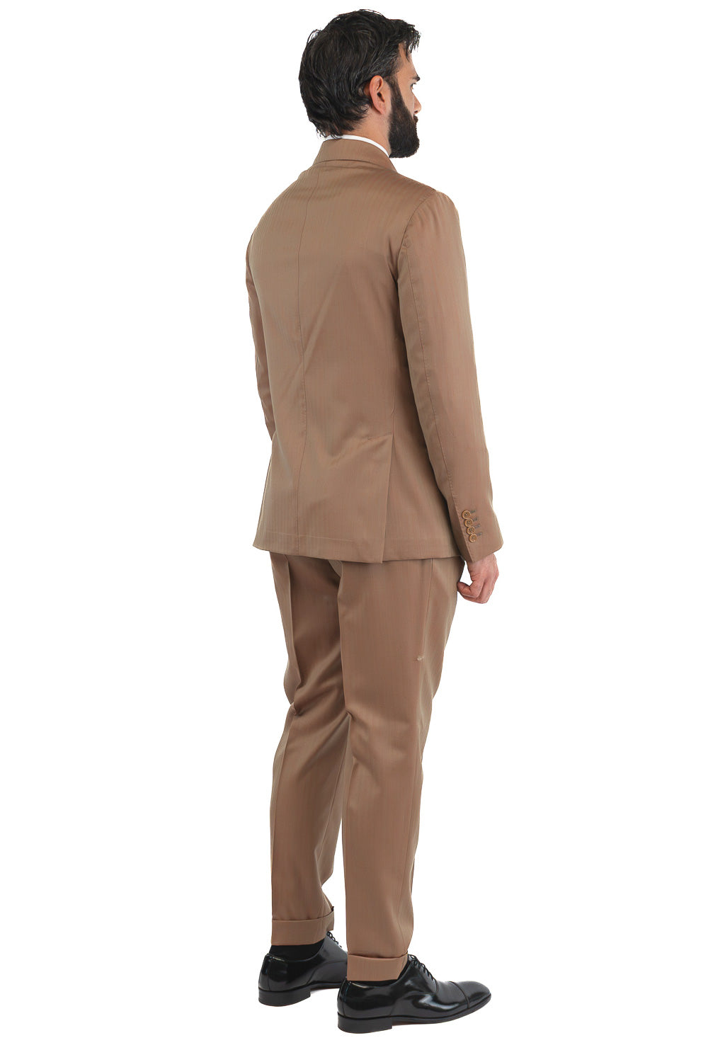 Abito uomo Monopetto solaro classico fango riflesso arancio fresco lana super 110's Tessuti in esclusiva Sartoria Carillo completamente sfoderato con Rever a lancia e tasche a filetto