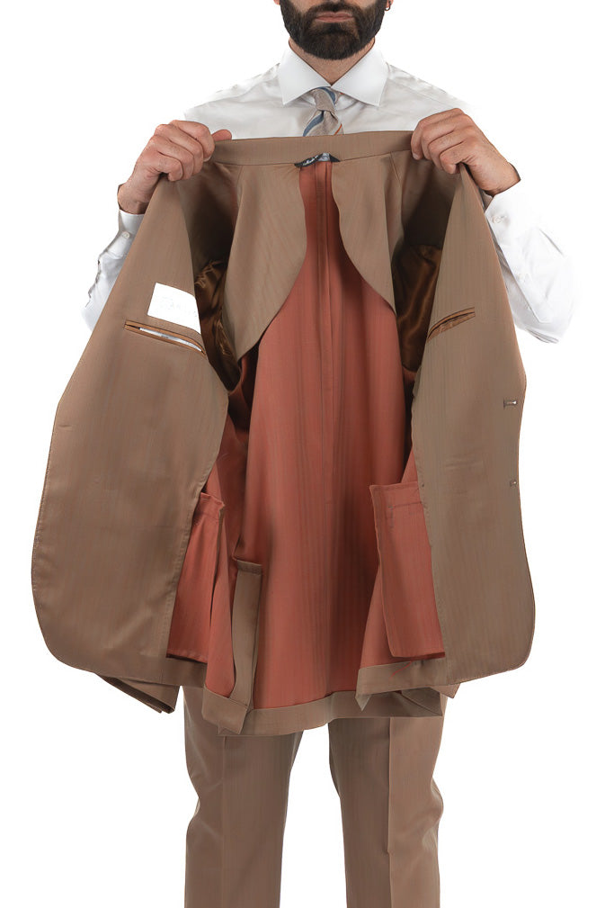 Abito uomo Monopetto solaro classico fango riflesso arancio fresco lana super 110's Tessuti in esclusiva Sartoria Carillo completamente sfoderato con Rever a lancia e tasche a filetto
