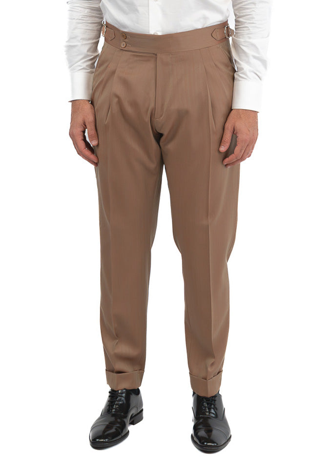 Abito uomo Monopetto solaro classico fango riflesso arancio fresco lana super 110's Tessuti in esclusiva Sartoria Carillo completamente sfoderato con Rever a lancia e tasche a filetto