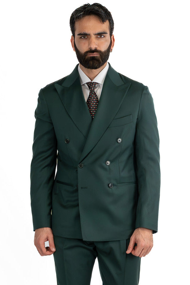 Abito uomo Doppiopetto Verde Bottiglia fresco lana super 110's Tessuti in esclusiva Sartoria Carillo completamente sfoderato con Rever a lancia e tasche a filetto