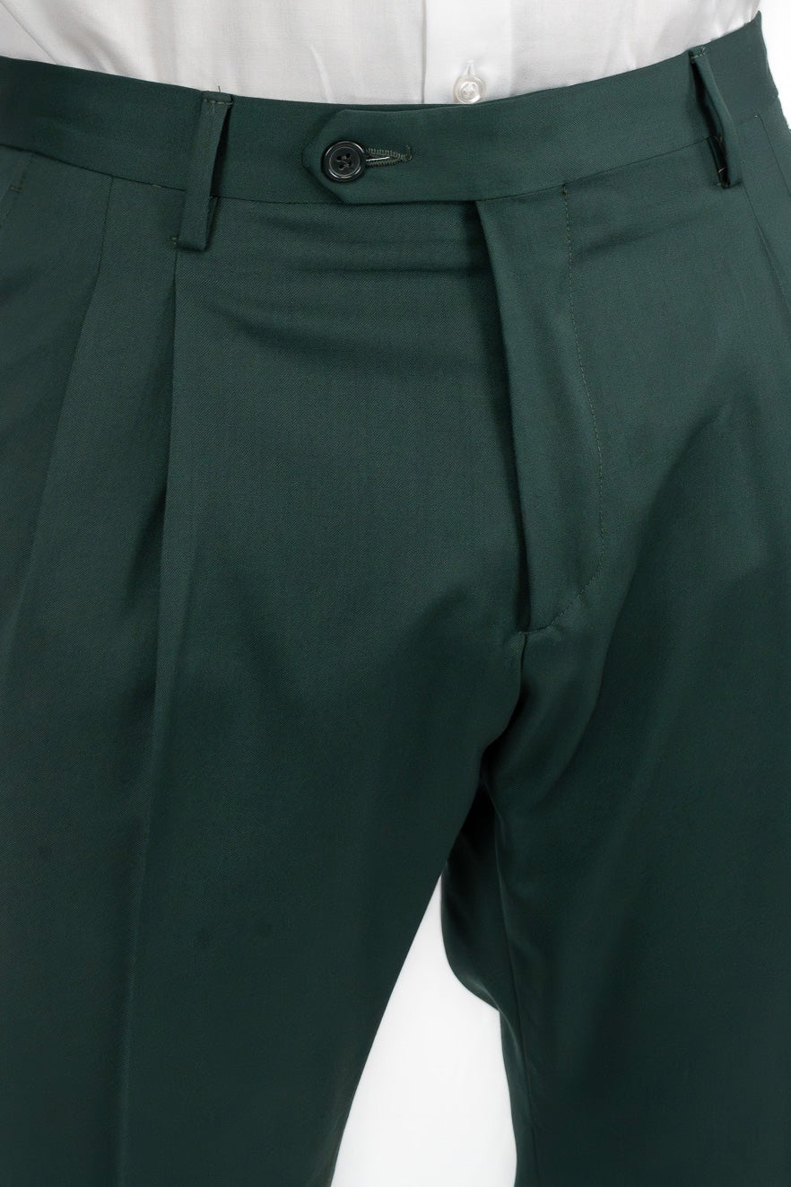 Abito uomo Doppiopetto Verde Bottiglia fresco lana super 110's Tessuti in esclusiva Sartoria Carillo completamente sfoderato con Rever a lancia e tasche a filetto