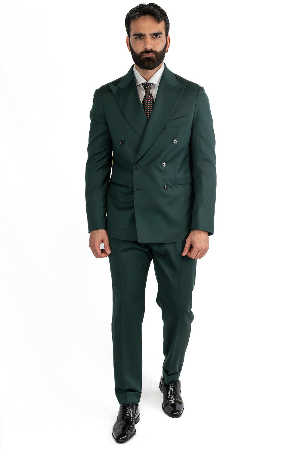 Abito uomo Doppiopetto Verde Bottiglia fresco lana super 110's Tessuti in esclusiva Sartoria Carillo completamente sfoderato con Rever a lancia e tasche a filetto