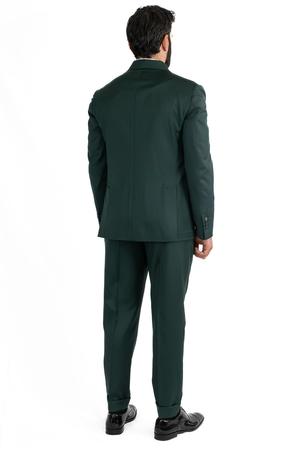 Abito uomo Doppiopetto Verde Bottiglia fresco lana super 110's Tessuti in esclusiva Sartoria Carillo completamente sfoderato con Rever a lancia e tasche a filetto
