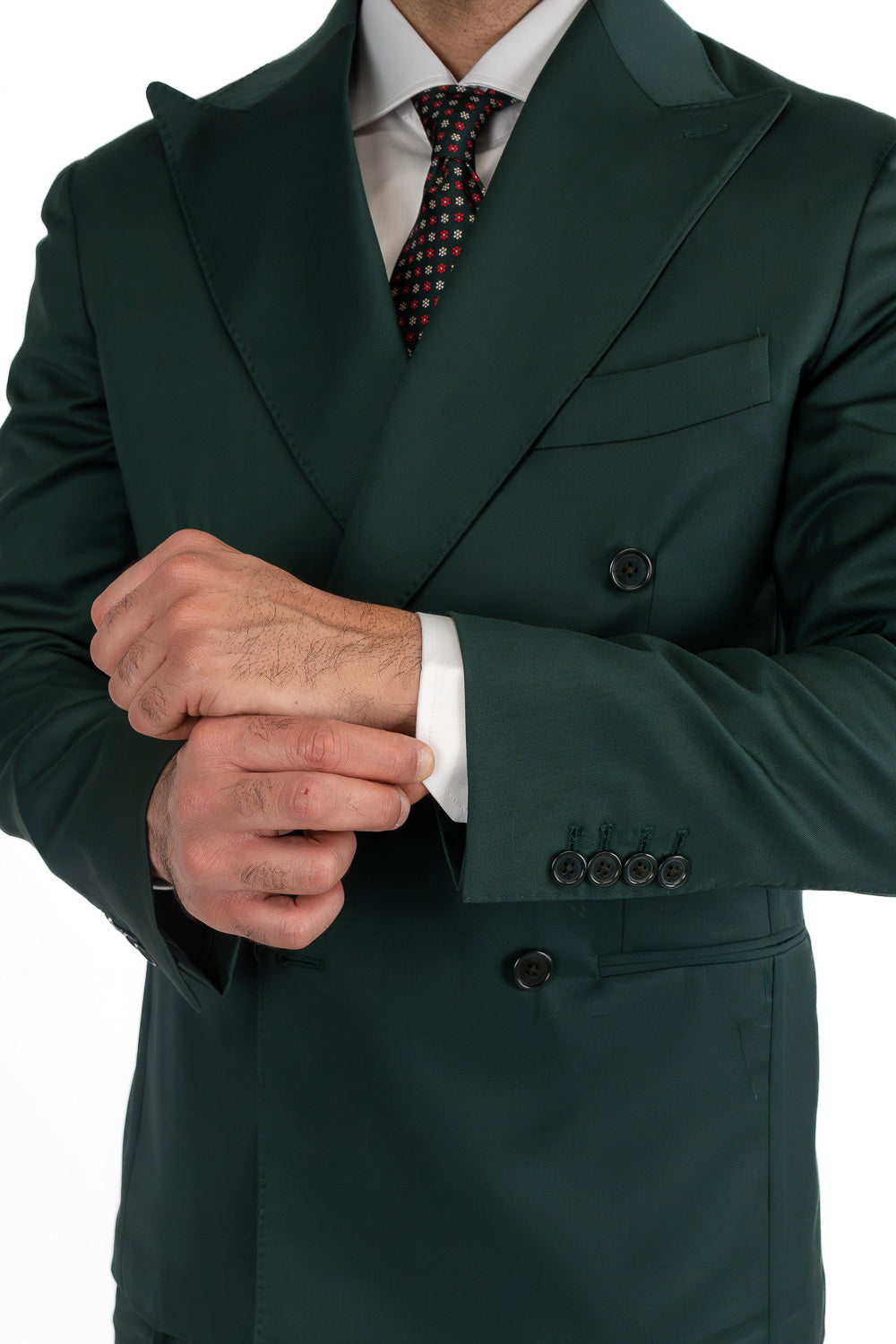 Abito uomo Doppiopetto Verde Bottiglia fresco lana super 110's Tessuti in esclusiva Sartoria Carillo completamente sfoderato con Rever a lancia e tasche a filetto