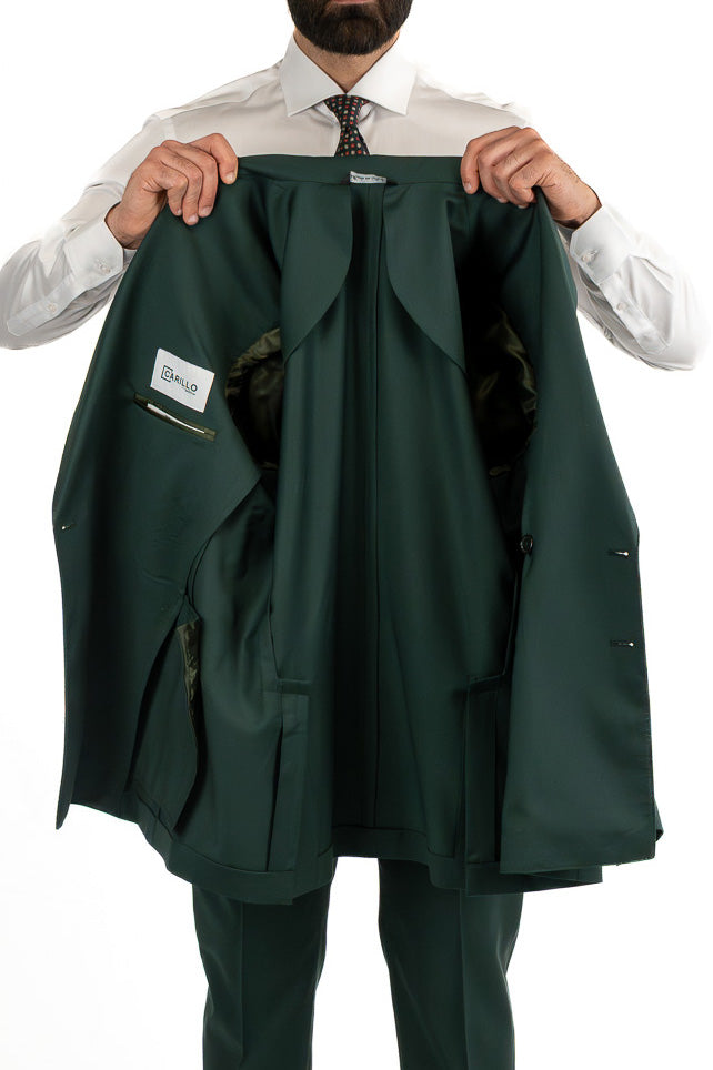 Abito uomo Doppiopetto Verde Bottiglia fresco lana super 110's Tessuti in esclusiva Sartoria Carillo completamente sfoderato con Rever a lancia e tasche a filetto