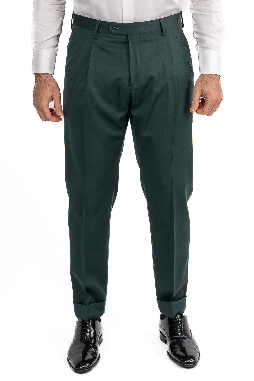 Abito uomo Doppiopetto Verde Bottiglia fresco lana super 110's Tessuti in esclusiva Sartoria Carillo completamente sfoderato con Rever a lancia e tasche a filetto