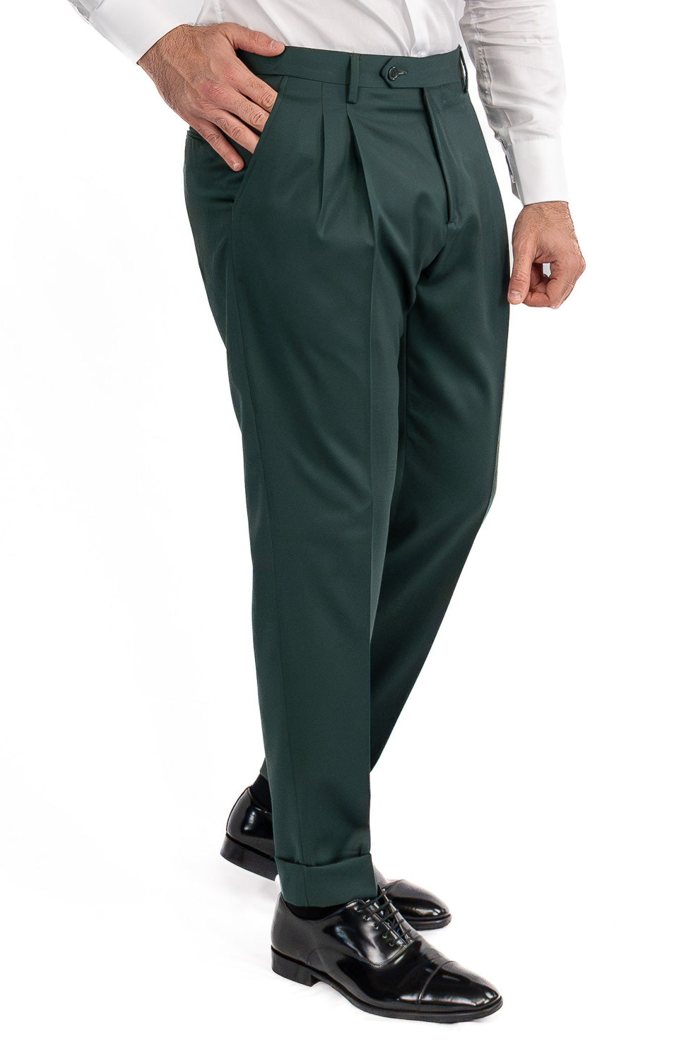 Abito uomo Doppiopetto Verde Bottiglia fresco lana super 110's Tessuti in esclusiva Sartoria Carillo completamente sfoderato con Rever a lancia e tasche a filetto
