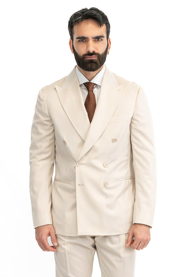 Abito uomo Doppiopetto beige fresco lana super 110's Tessuti in esclusiva Sartoria Carillo completamente sfoderato con Rever a lancia e tasche a filetto