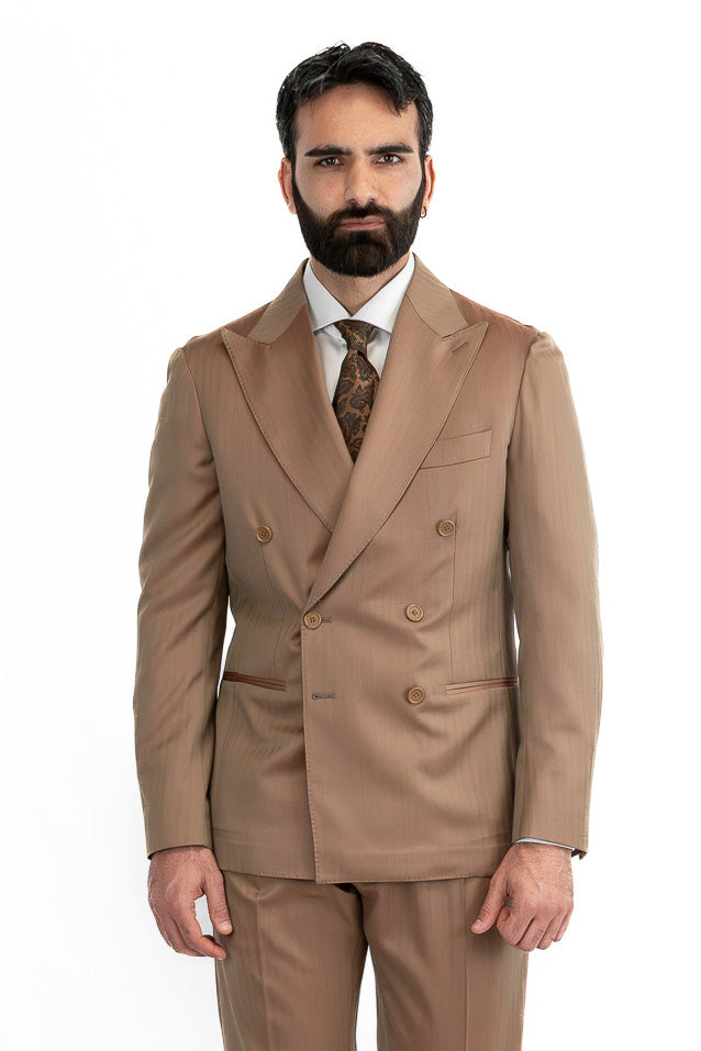 Abito uomo Doppiopetto solaro classico fango riflesso arancio  fresco lana super 110's Tessuti in esclusiva Sartoria Carillo completamente sfoderato con Rever a lancia e tasche a filetto