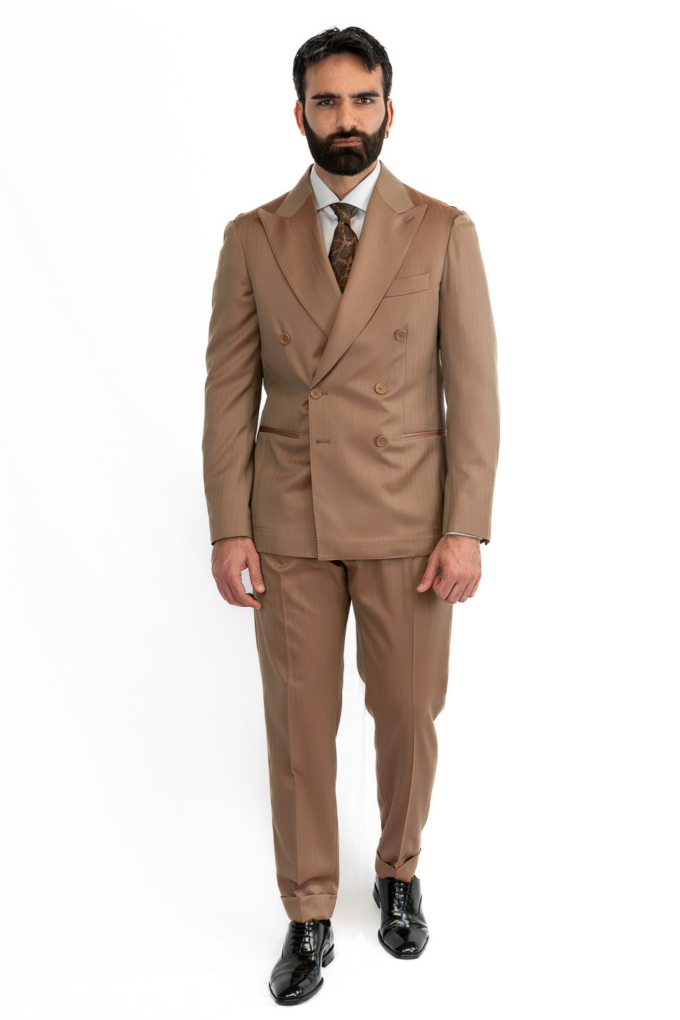 Abito uomo Doppiopetto solaro classico fango riflesso arancio  fresco lana super 110's Tessuti in esclusiva Sartoria Carillo completamente sfoderato con Rever a lancia e tasche a filetto