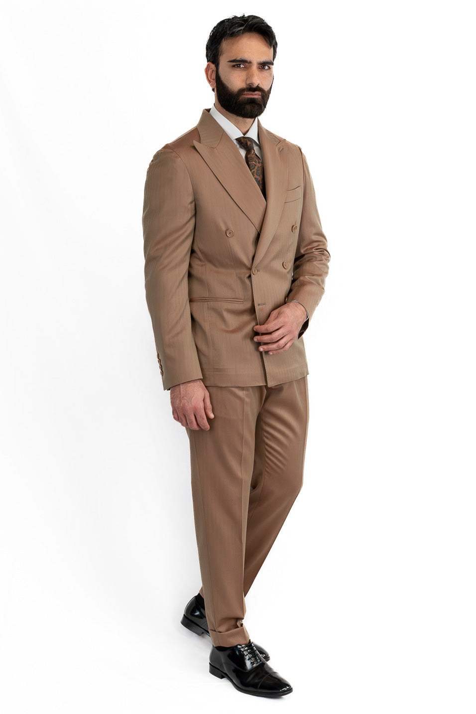 Abito uomo Doppiopetto solaro classico fango riflesso arancio  fresco lana super 110's Tessuti in esclusiva Sartoria Carillo completamente sfoderato con Rever a lancia e tasche a filetto