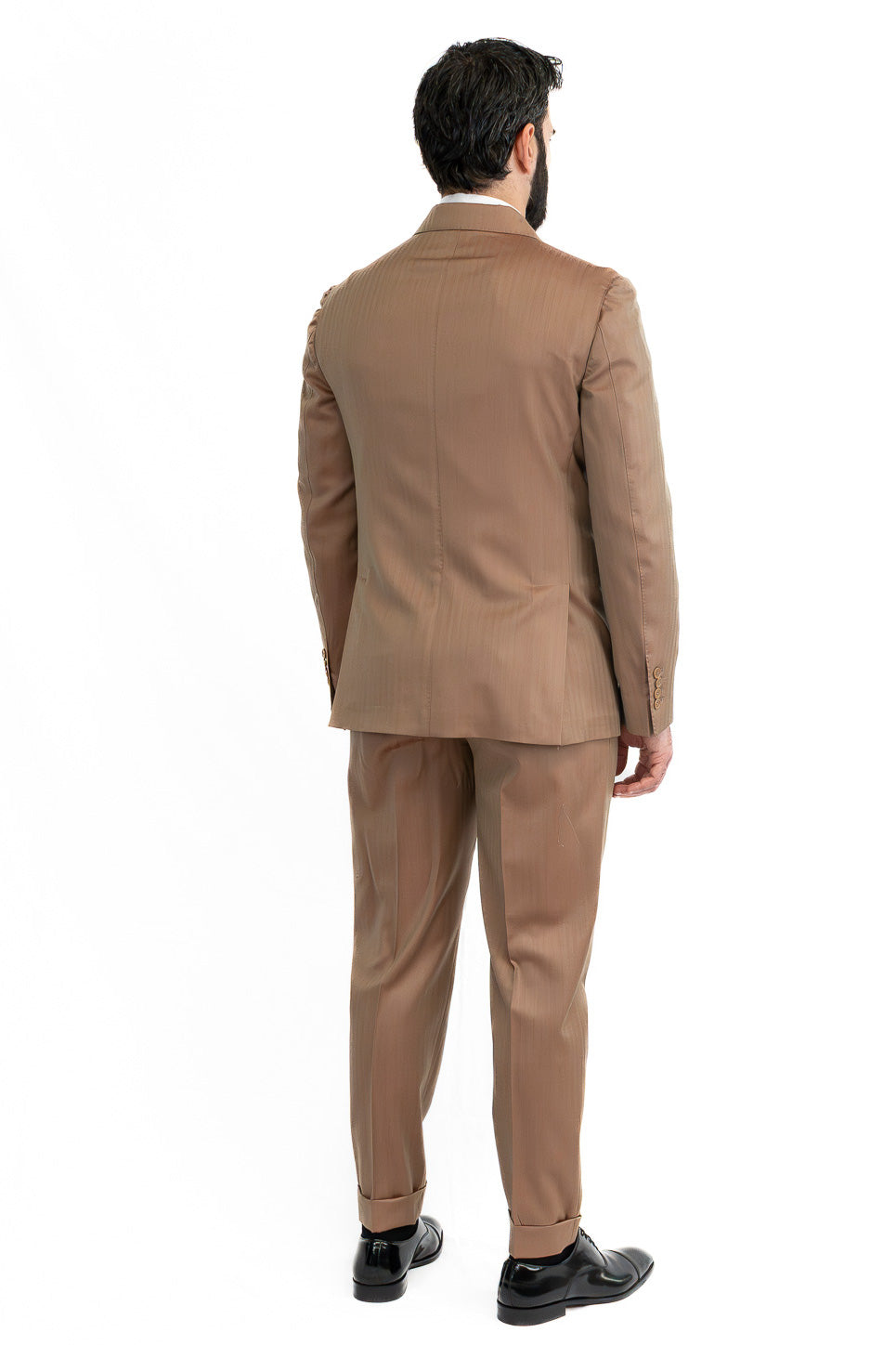 Abito uomo Doppiopetto solaro classico fango riflesso arancio  fresco lana super 110's Tessuti in esclusiva Sartoria Carillo completamente sfoderato con Rever a lancia e tasche a filetto