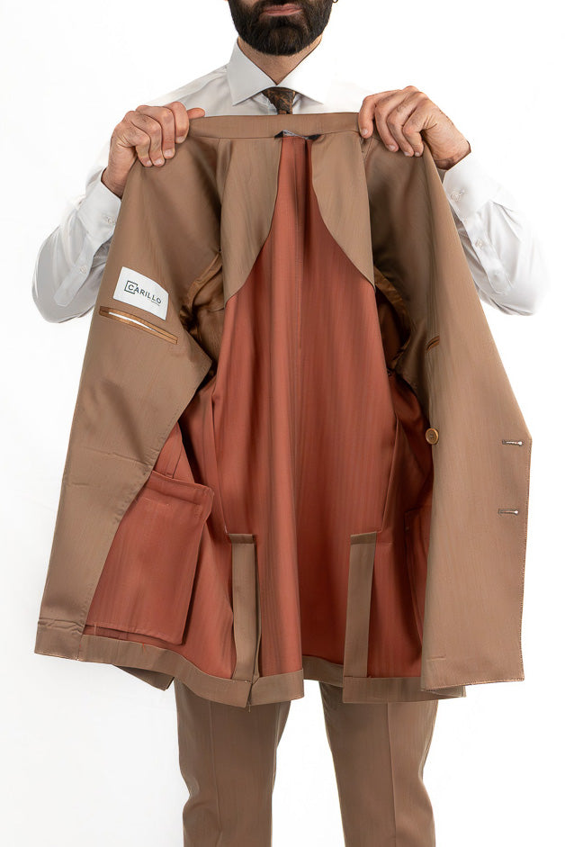 Abito uomo Doppiopetto solaro classico fango riflesso arancio  fresco lana super 110's Tessuti in esclusiva Sartoria Carillo completamente sfoderato con Rever a lancia e tasche a filetto