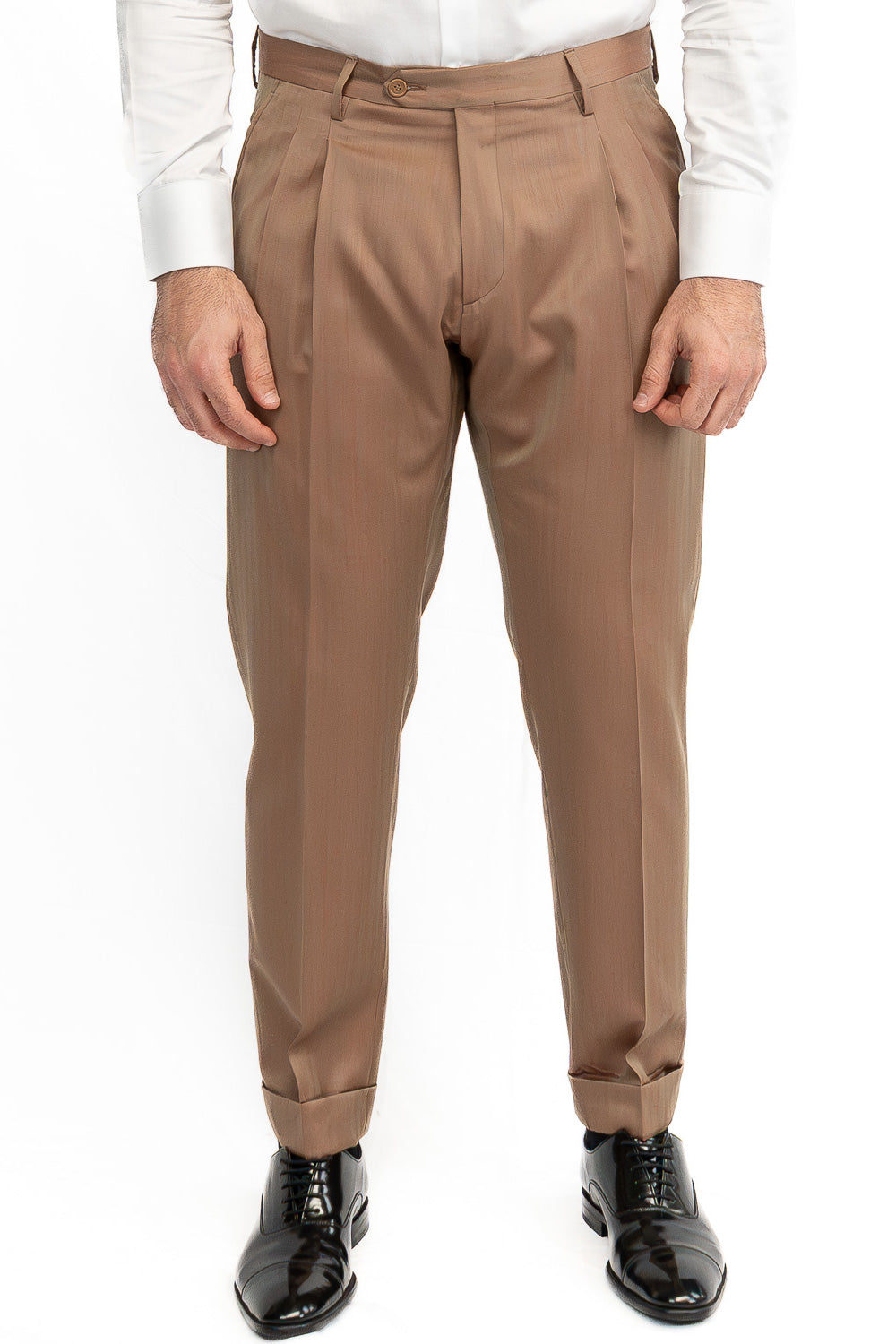 Abito uomo Doppiopetto solaro classico fango riflesso arancio  fresco lana super 110's Tessuti in esclusiva Sartoria Carillo completamente sfoderato con Rever a lancia e tasche a filetto