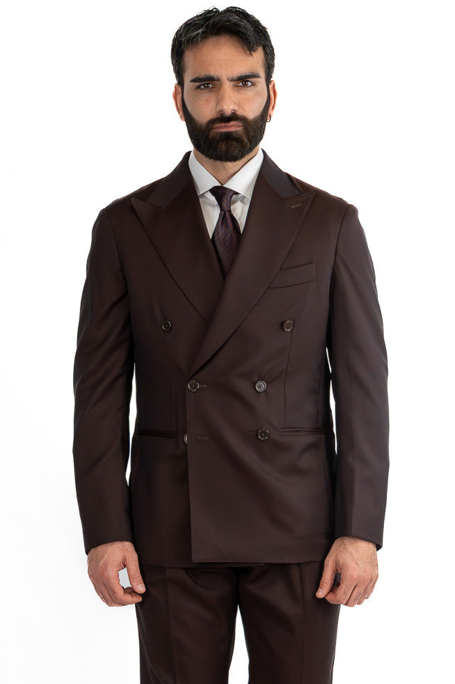 Abito Doppiopetto marrone uomo fresco lana super 130's Tessuti Vitale Barberis Canonico completamente sfoderato con Rever a lancia e tasche a filetto