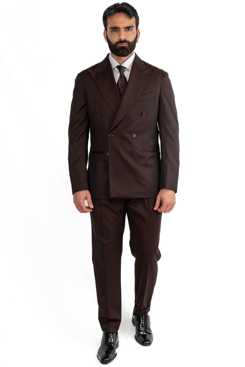 Abito Doppiopetto marrone uomo fresco lana super 130's Tessuti Vitale Barberis Canonico completamente sfoderato con Rever a lancia e tasche a filetto