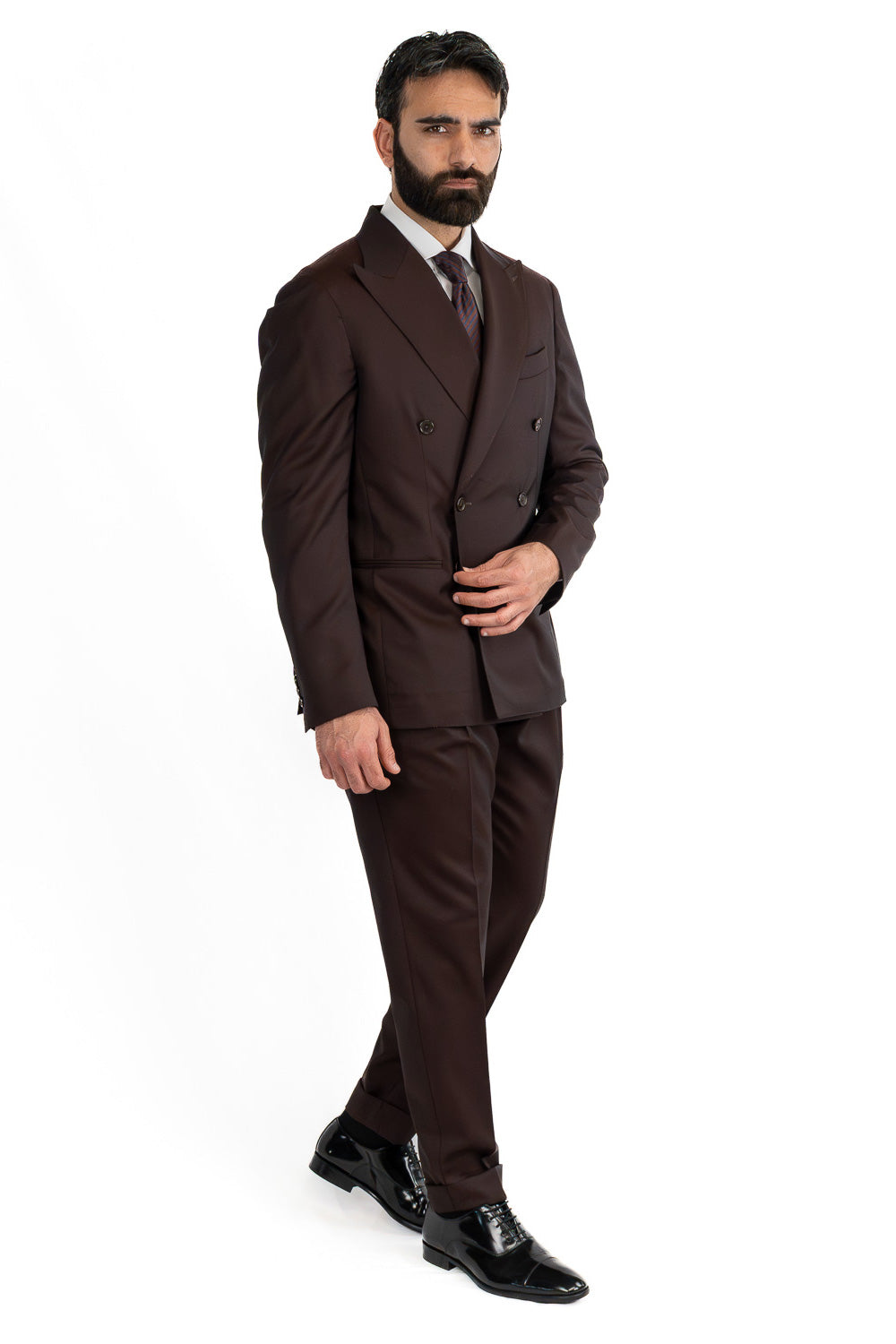 Abito Doppiopetto marrone uomo fresco lana super 130's Tessuti Vitale Barberis Canonico completamente sfoderato con Rever a lancia e tasche a filetto