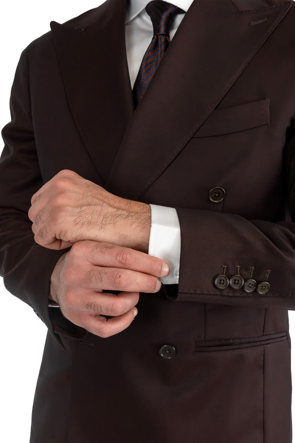 Abito Doppiopetto marrone uomo fresco lana super 130's Tessuti Vitale Barberis Canonico completamente sfoderato con Rever a lancia e tasche a filetto