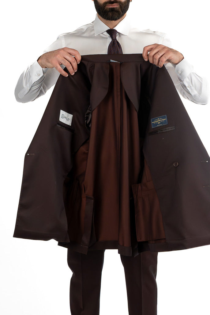Abito Doppiopetto marrone uomo fresco lana super 130's Tessuti Vitale Barberis Canonico completamente sfoderato con Rever a lancia e tasche a filetto