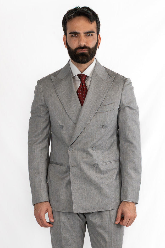 Abito Doppiopetto Grigio Chiaro uomo fresco lana super 130's Tessuti Vitale Barberis Canonico completamente sfoderato con Rever a lancia e tasche a filetto