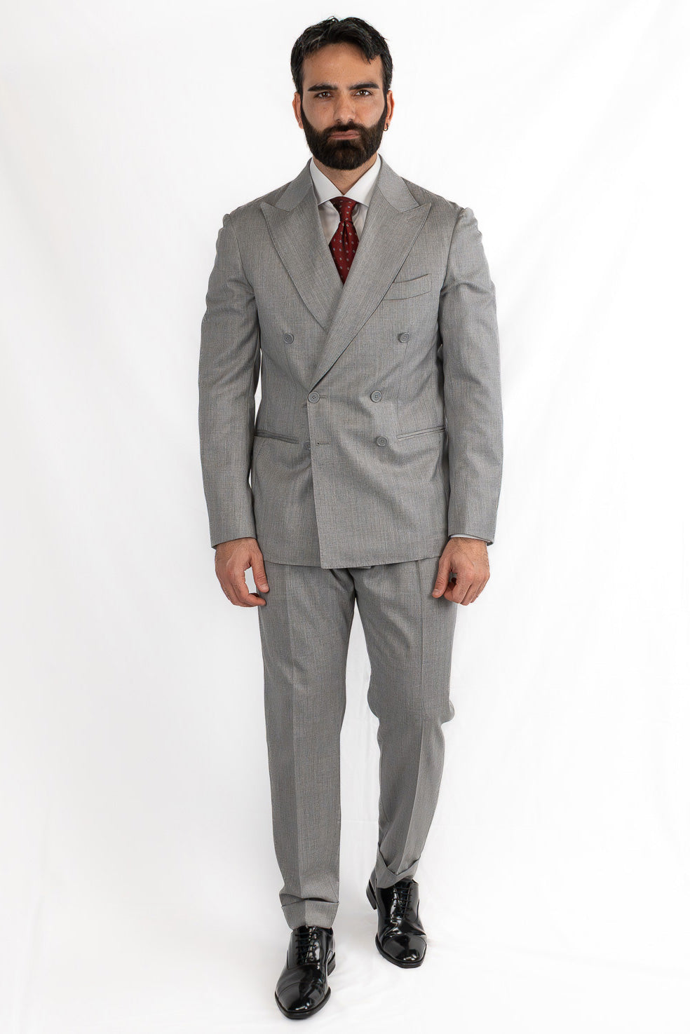 Abito Doppiopetto Grigio Chiaro uomo fresco lana super 130's Tessuti Vitale Barberis Canonico completamente sfoderato con Rever a lancia e tasche a filetto
