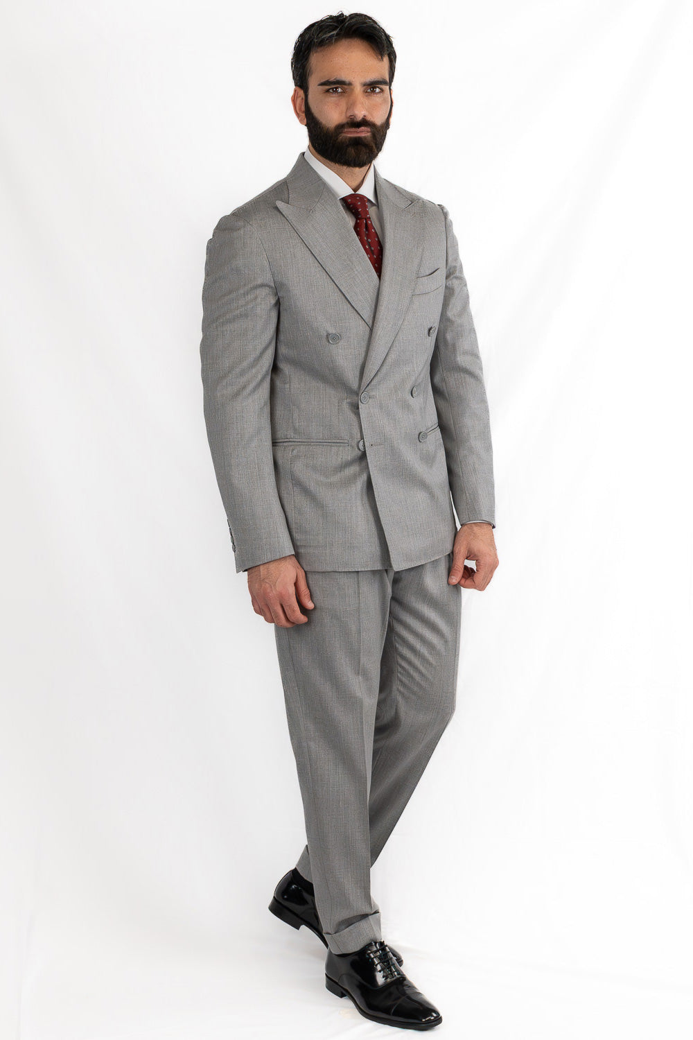 Abito Doppiopetto Grigio Chiaro uomo fresco lana super 130's Tessuti Vitale Barberis Canonico completamente sfoderato con Rever a lancia e tasche a filetto