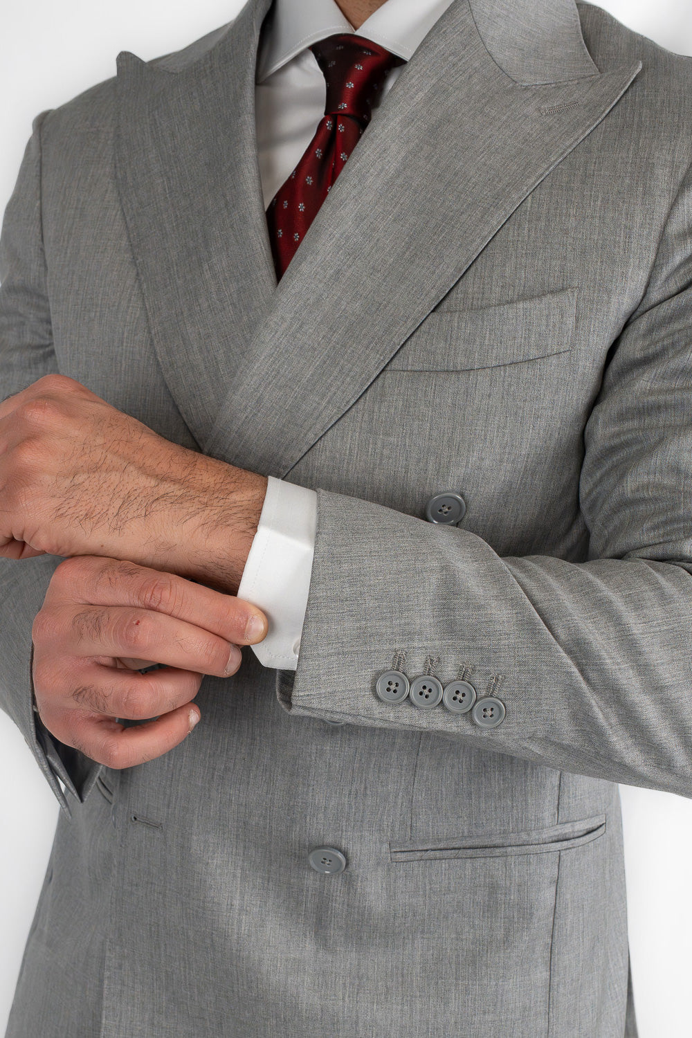 Abito Doppiopetto Grigio Chiaro uomo fresco lana super 130's Tessuti Vitale Barberis Canonico completamente sfoderato con Rever a lancia e tasche a filetto