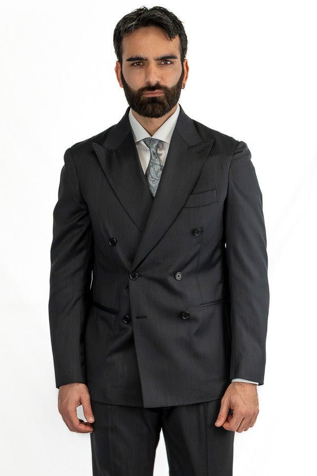 Abito Doppiopetto Grigio Scuro uomo fresco lana super 130's Tessuti Vitale Barberis Canonico completamente sfoderato con Rever a lancia e tasche a filetto