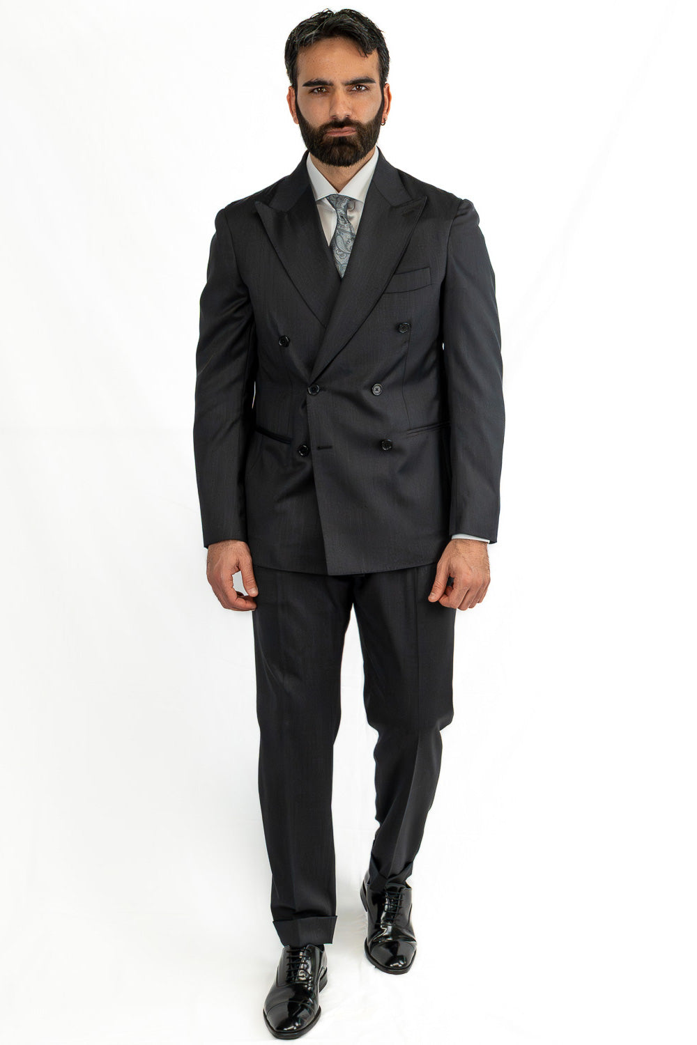 Abito Doppiopetto Grigio Scuro uomo fresco lana super 130's Tessuti Vitale Barberis Canonico completamente sfoderato con Rever a lancia e tasche a filetto