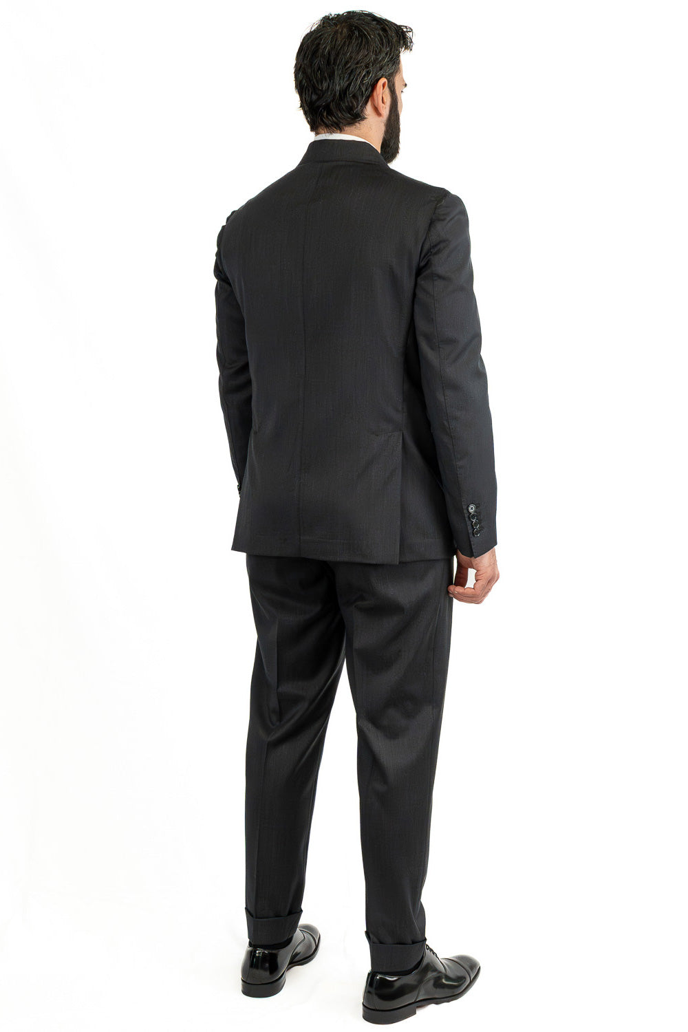 Abito Doppiopetto Grigio Scuro uomo fresco lana super 130's Tessuti Vitale Barberis Canonico completamente sfoderato con Rever a lancia e tasche a filetto