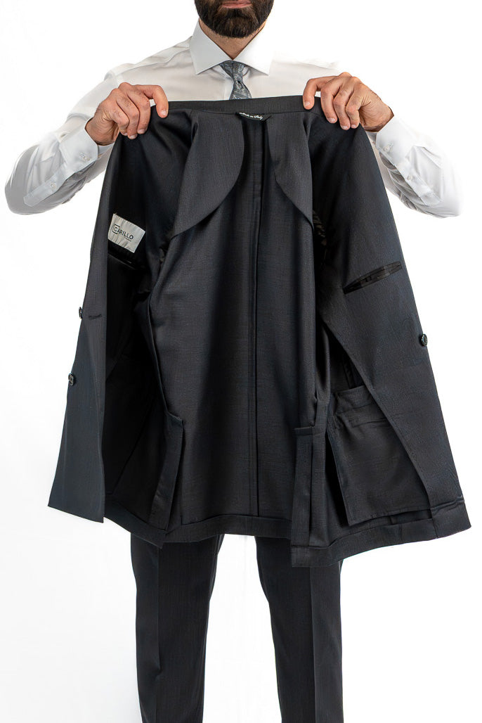 Abito Doppiopetto Grigio Scuro uomo fresco lana super 130's Tessuti Vitale Barberis Canonico completamente sfoderato con Rever a lancia e tasche a filetto
