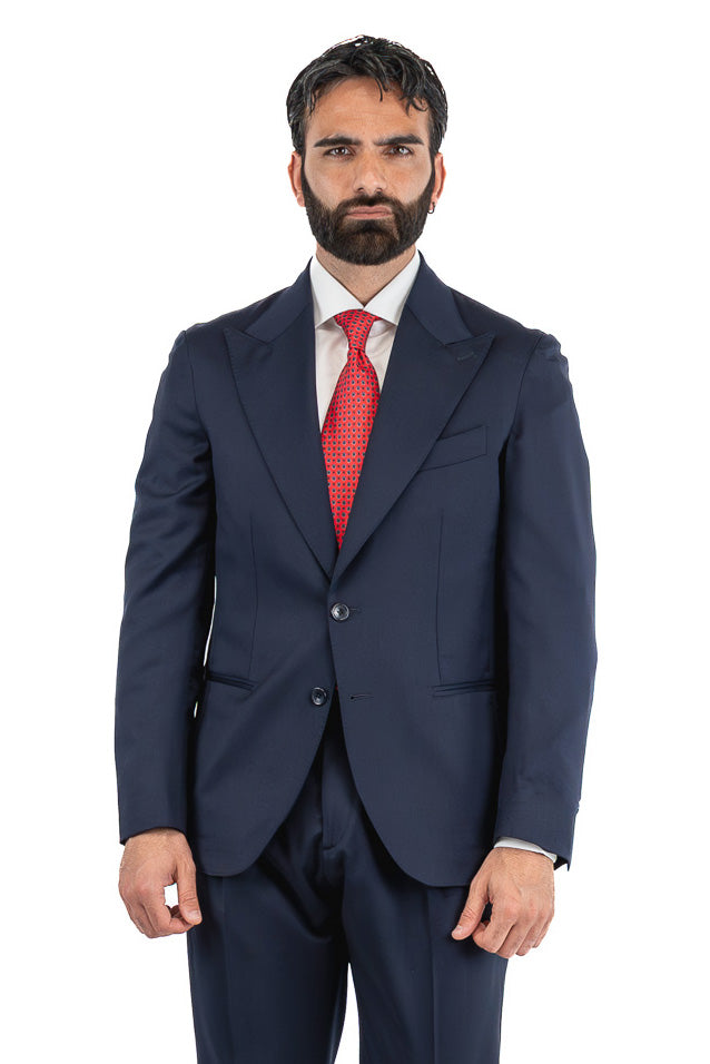 Abito blu navy monopetto uomo fresco lana super 130's  TessutiVitale Barberis Canonico completamente sfoderato con Rever a lancia e tasche a filetto