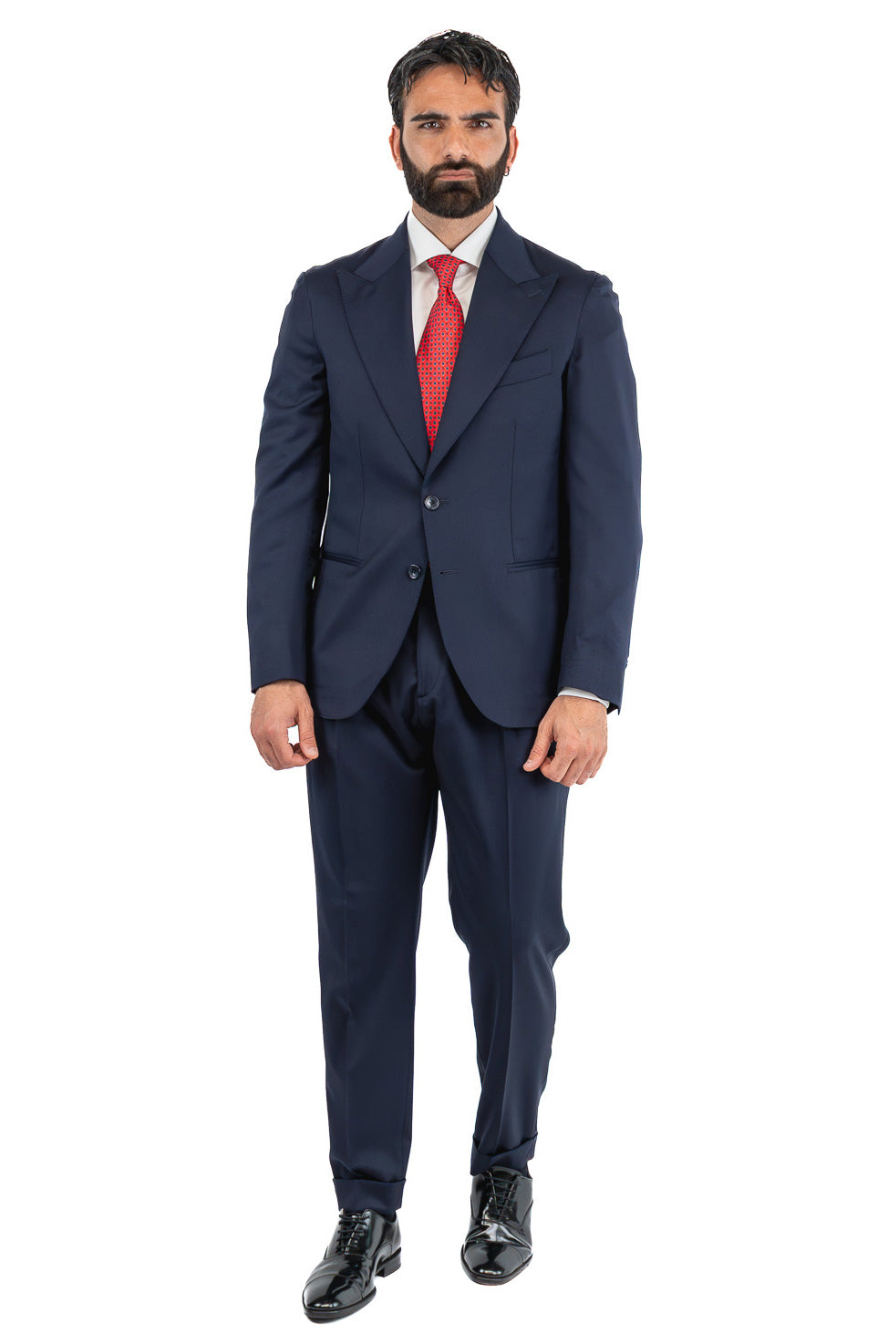 Abito blu navy monopetto uomo fresco lana super 130's  TessutiVitale Barberis Canonico completamente sfoderato con Rever a lancia e tasche a filetto