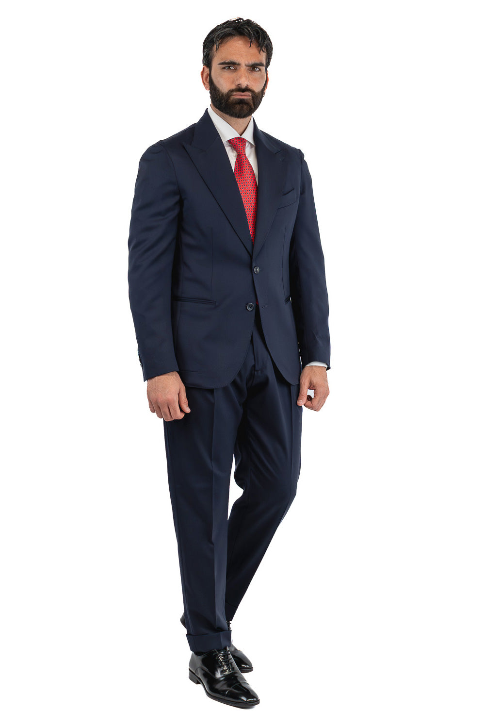 Abito blu navy monopetto uomo fresco lana super 130's  TessutiVitale Barberis Canonico completamente sfoderato con Rever a lancia e tasche a filetto