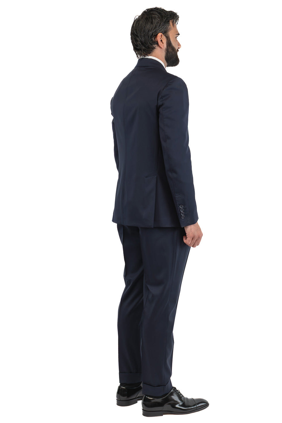 Abito blu navy monopetto uomo fresco lana super 130's  TessutiVitale Barberis Canonico completamente sfoderato con Rever a lancia e tasche a filetto