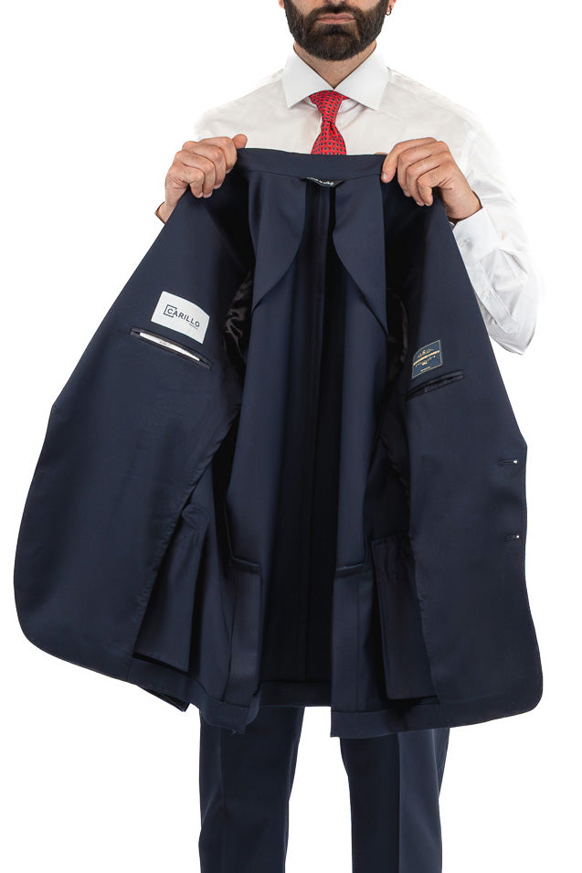 Abito blu navy monopetto uomo fresco lana super 130's  TessutiVitale Barberis Canonico completamente sfoderato con Rever a lancia e tasche a filetto